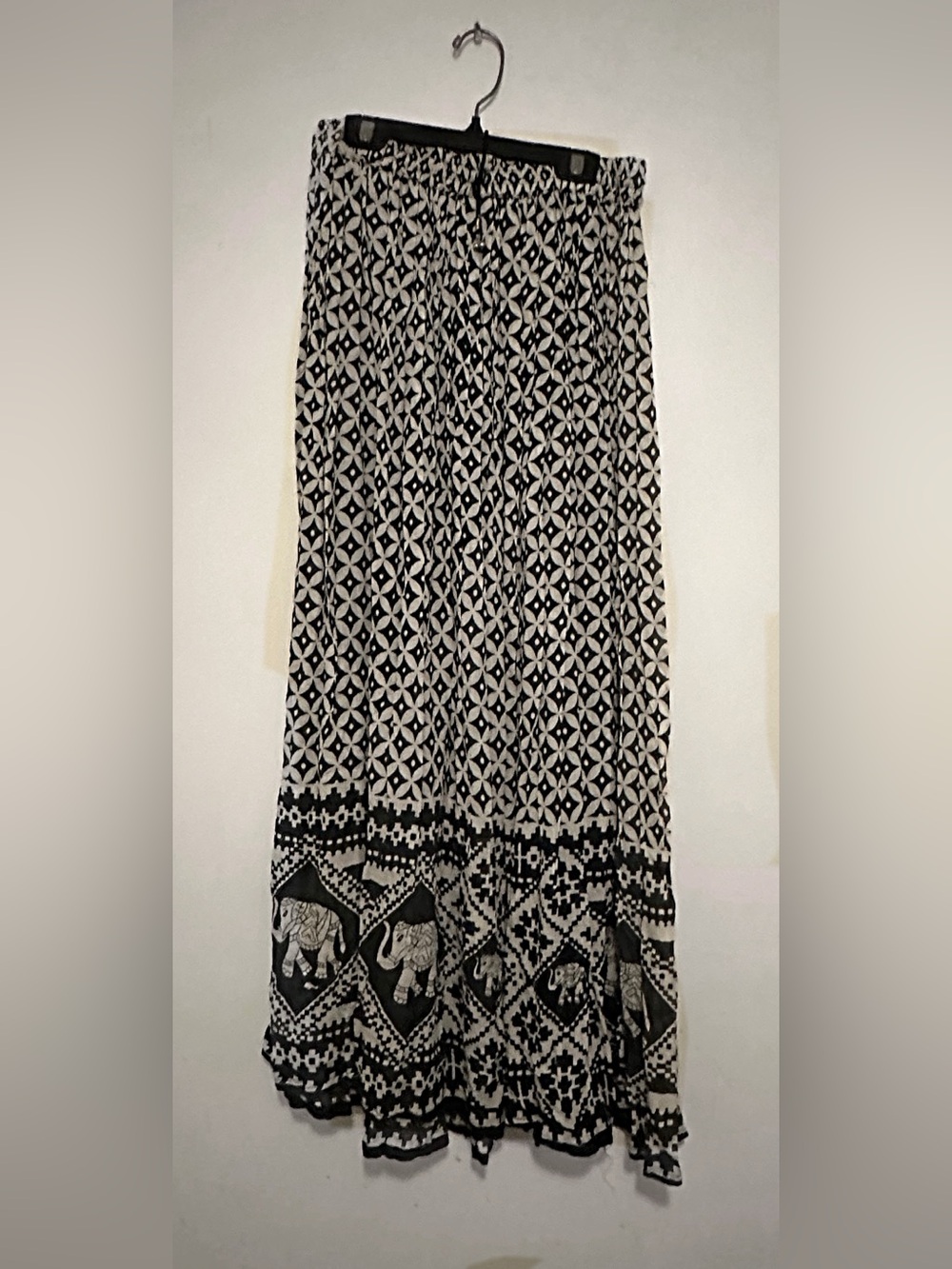 Black and Cream Geometric Print Maxi Skirt with Elephant Border